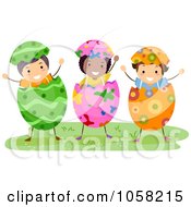 Poster, Art Print Of Three Easter Kids Wearing Egg Shells