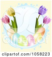 Circle Grunge Frame With Easter Eggs And Tulips