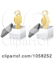 Royalty Free Vector Clip Art Illustration Of A Digital Collage Of 3d Golden People With Globe Heads In Boxes