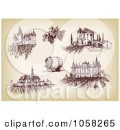 Royalty Free Vector Clip Art Illustration Of A Digital Collage Of Brown Sketches Of Winery Chateaus by Eugene