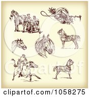 Digital Collage Of Brown Sketches Of Jockeys And Horses - 2