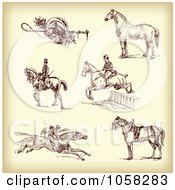 Poster, Art Print Of Digital Collage Of Brown Sketches Of Jockeys And Horses - 1
