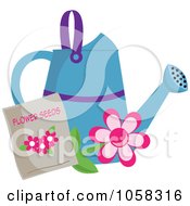 Poster, Art Print Of Blue Watering Can With A Packet Of Daisy Seeds