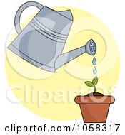 Poster, Art Print Of Watering Can Over A Seedling Plant On A Yellow Circle