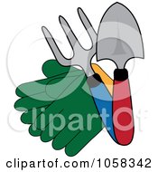 Royalty Free Vector Clip Art Illustration Of A Pair Of Gardening Gloves With Tools by Pams Clipart