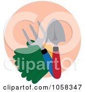 Royalty Free Vector Clip Art Illustration Of A Pair Of Gardening Gloves With Tools Over A Pink Circle