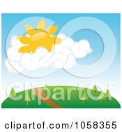 Poster, Art Print Of Sun In Puffy Clouds Over A Trail On A Hill