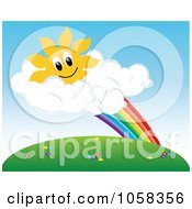 Poster, Art Print Of Sun Character In Clouds At The End Of A Rainbow Above A Meadow