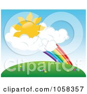 Poster, Art Print Of Sun In Clouds At The End Of A Rainbow Above A Meadow