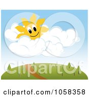 Poster, Art Print Of Sun Character In Puffy Clouds Over A Trail On A Hill
