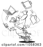 Poster, Art Print Of Cartoon Black And White Outline Design Of A Businessman Juggling Tasks On A Unicycle
