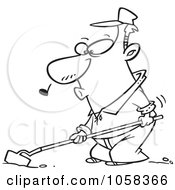 Royalty Free Vector Clip Art Illustration Of A Cartoon Black And White Outline Design Of A Whistling Farmer Cultivating by toonaday