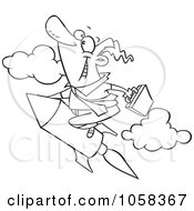 Royalty Free Vector Clip Art Illustration Of A Cartoon Black And White Outline Design Of A Businessman Launching On A Rocket