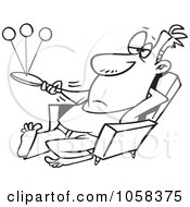 Cartoon Black And White Outline Design Of A Lazy Man Playing Paddle Ball