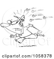 Poster, Art Print Of Cartoon Black And White Outline Design Of A Golfer Running Away From Balls