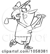 Royalty Free Vector Clip Art Illustration Of A Cartoon Black And White Outline Design Of A Woman Swinging A Golf Club
