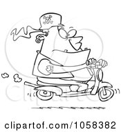Cartoon Black And White Outline Design Of A Biker Dude On A Scooter
