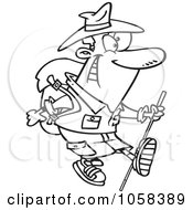 Royalty Free Vector Clip Art Illustration Of A Cartoon Black And White Outline Design Of A Trekking Male Aussie