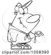 Royalty Free Vector Clip Art Illustration Of A Cartoon Black And White Outline Design Of A Hiking Bear Using A GPS Tool by toonaday