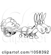 Poster, Art Print Of Cartoon Black And White Outline Design Of Two Mules Pulling A Wagon Full Of Rocks