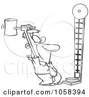 Cartoon Black And White Outline Design Of A Man Hitting A Hi Striker At A Carnival