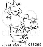 Royalty Free Vector Clip Art Illustration Of A Cartoon Black And White Outline Design Of An Indecisive Man Holding A Ticking Box