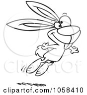 Royalty Free Vector Clip Art Illustration Of A Cartoon Black And White Outline Design Of A Jumping Easter Bunny 2