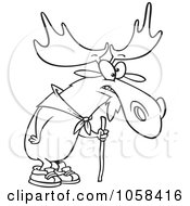 Cartoon Black And White Outline Design Of A Hiking Moose Using A Walking Stick
