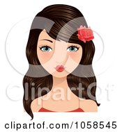 Royalty Free Vector Clip Art Illustration Of A Brunette Woman With Puckered Lips And A Rose In Her Hair