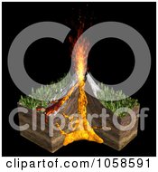 Royalty Free CGI Clip Art Illustration Of A 3d Volcano With The Cross Section Of The Earth Magma Chambers And Fire Shooting Out Of The Top