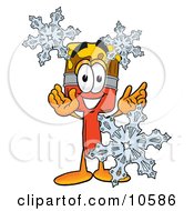 Paint Brush Mascot Cartoon Character With Three Snowflakes In Winter