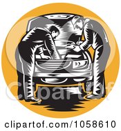 Royalty Free Vector Clip Art Illustration Of Retro Mechanics Working On An Engine Over An Orange Circle
