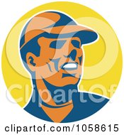 Royalty Free Vector Clip Art Illustration Of A Retro Worker Man Wearing A Hat Over A Yellow Circle