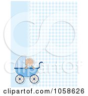 Poster, Art Print Of Blue Gingham And Lace Background With A Baby Boy And Pram