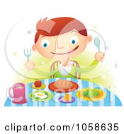 Poster, Art Print Of Hungry Boy With A Feast At A Table
