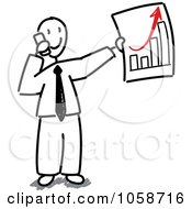 Royalty Free Vector Clip Art Illustration Of A Stick Businessman Talking On A Phone And Holding A Growth Bar Graph