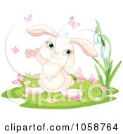 Royalty Free Vector Clip Art Illustration Of A White Spring Rabbit With Flowers And Butterflies