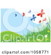Royalty Free Vector Clip Art Illustration Of A Spring Time Background Of Blue And Red Butterflies Over Grass And Flowers