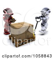 Royalty Free CGI Clip Art Illustration Of A 3d Robot Supervising A Worker Pullking Boxes