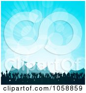 Royalty Free Vector Clip Art Illustration Of A Concert Crowd Of Hands Near Tents At A Festival Over Blue With Flares
