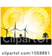 Royalty Free Vector Clip Art Illustration Of A Silhouetted Wind Turbines And Trees Atop Hills Against A Yellow Sky With Flares