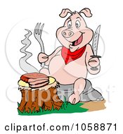 Poster, Art Print Of Hungry Pig Eating A Trip Tip Steak On A Stump