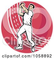 Royalty Free Vector Clip Art Illustration Of A Cricket Bowler Over A Red Ball