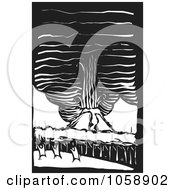 Poster, Art Print Of Black And White Woodcut Styled Volcano With People