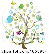 Poster, Art Print Of Spring Tree With Blossoms Butterflies And Birds