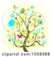 Poster, Art Print Of Spring Tree With Flowers Butterflies And Birds