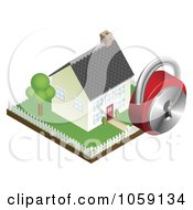 Poster, Art Print Of Royalty-Free Cgi Clip Art Illustration Of A 3d Home Security Padlock Over A Fenced Yard And Home
