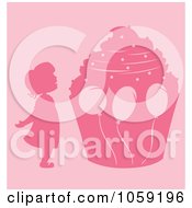 Royalty Free Vector Clip Art Illustration Of A Pink Silhouetted Girl And Giant Birthday Cupcake by Cherie Reve