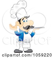 Royalty Free Vector Clip Art Illustration Of A Chef In A Blue Shirt Holding A Platter