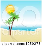 Royalty Free Vector Clip Art Illustration Of A Sun Shining Over Double Palm Trees On A Deserted Tropical Shore
